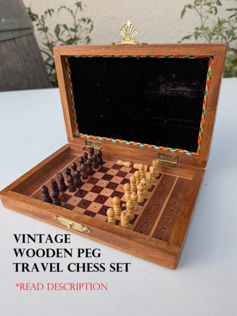 Vintage Hardwood Peg Travel Chess Set Board Game with Case marquetry Inlaid wood